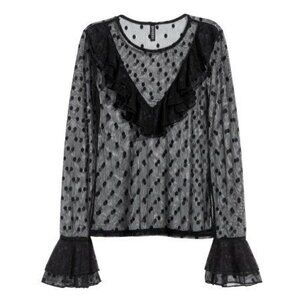 H&M Black Mesh Polka Dot Ruffle Long Sleeve Top S